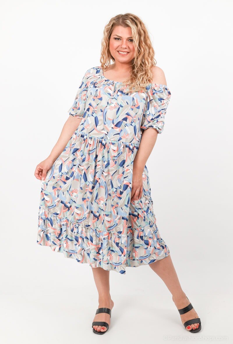Plus Size Ruffle print dress with puff sleeves