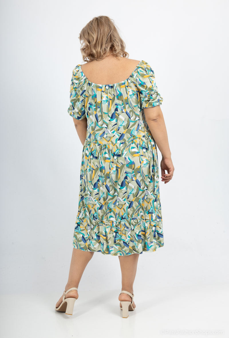 Plus Size Ruffled Print Dress with Puff Sleeves