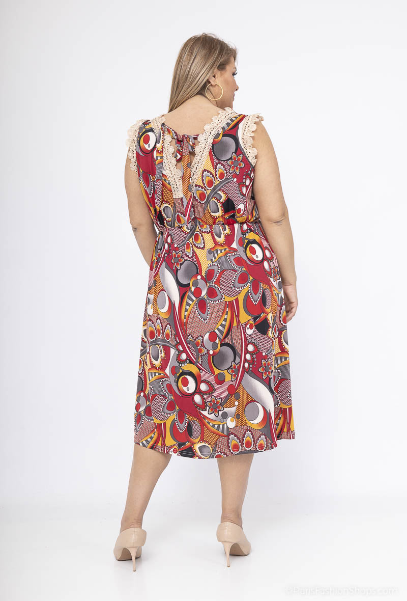 Plus Size Bow Backless Lace Print Dress