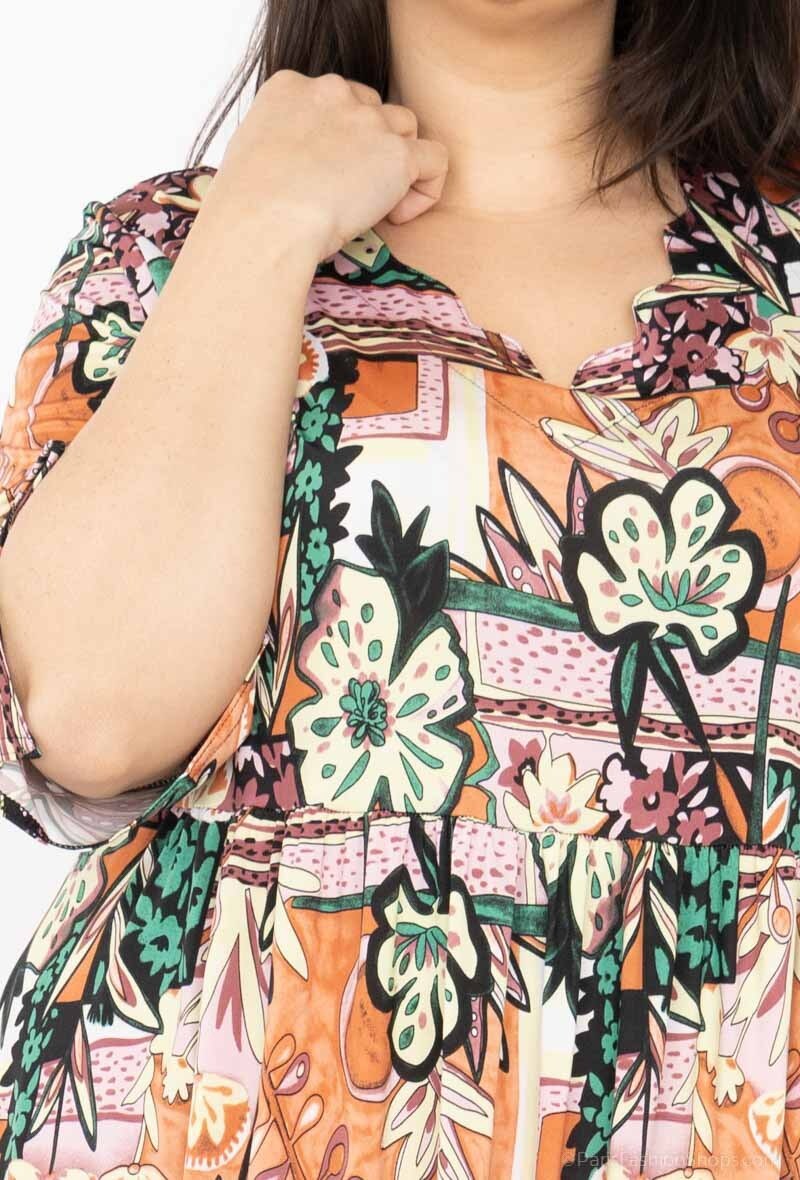 Tropical print dress Scalloped collar i Stor Storlek