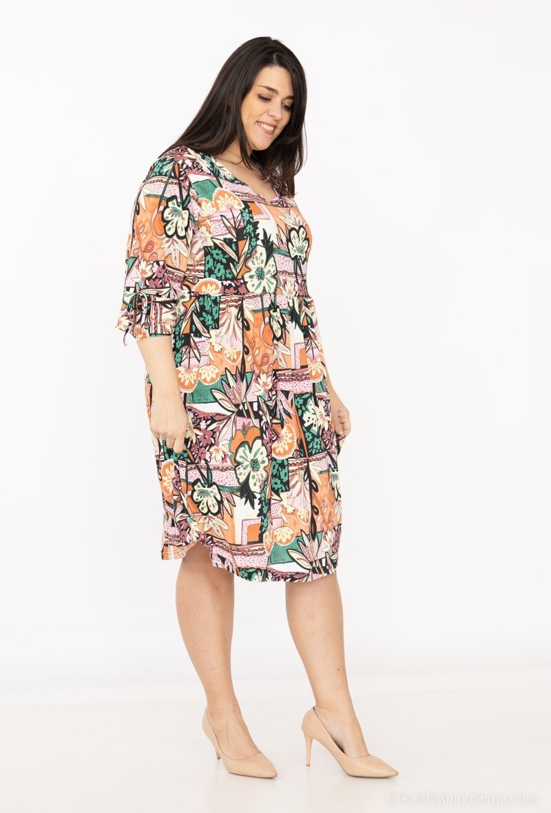 Tropical print dress Scalloped collar i Stor Storlek