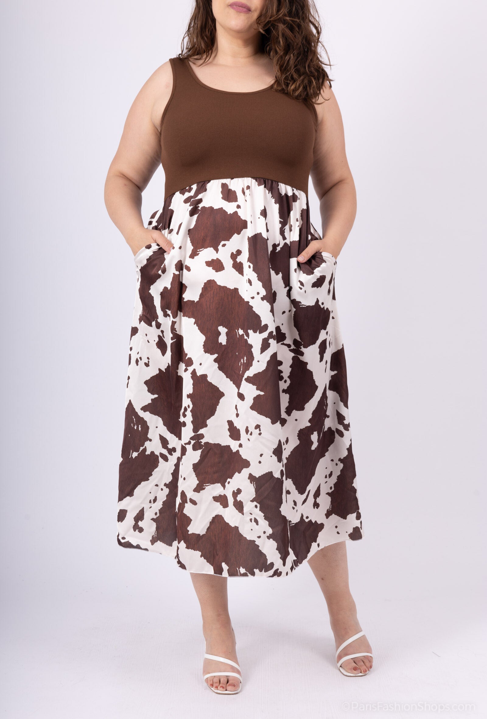 Plus Size United and printed bi-material dress T38 to T46