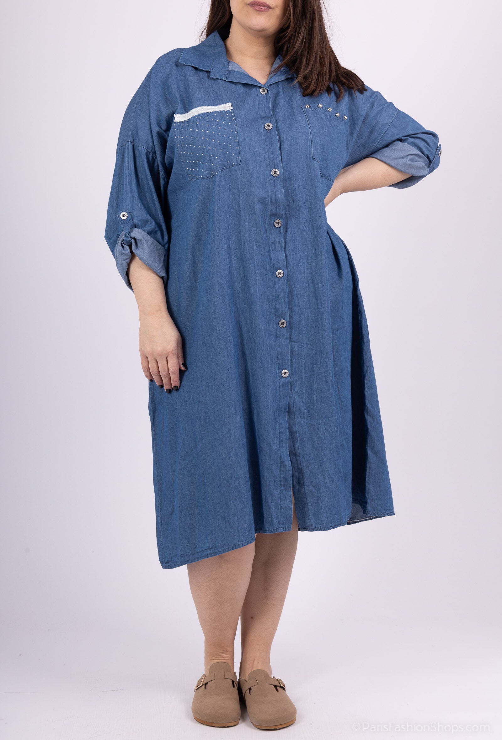 Plus Size Denim Skjortklänning med Rhinestones