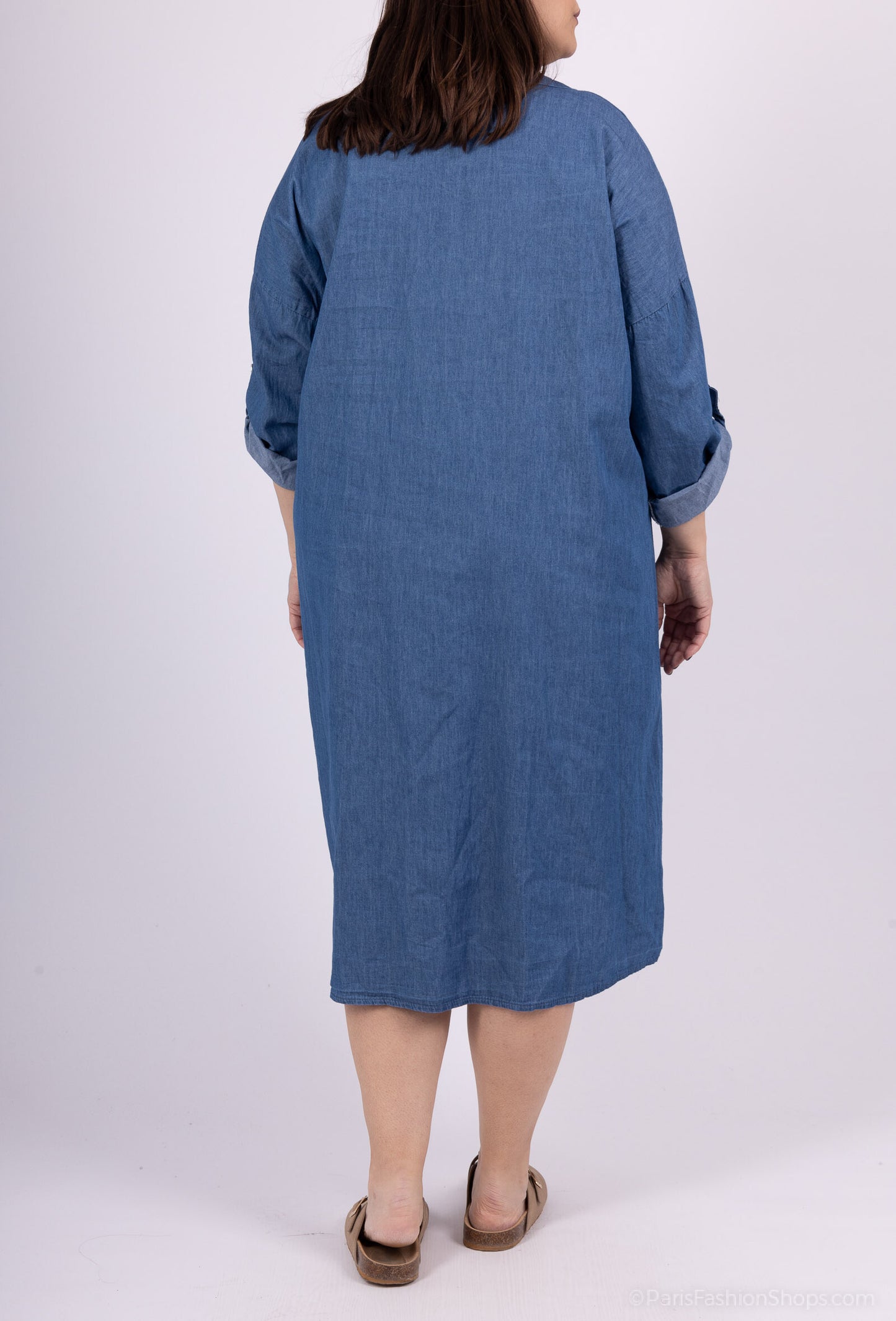 Plus Size Denim Skjortklänning med Rhinestones