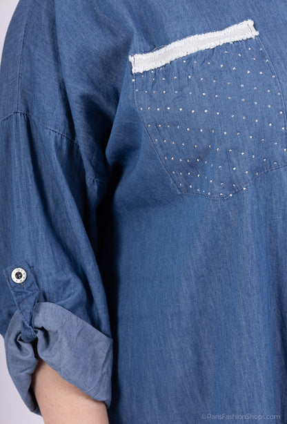 Plus Size Denim Skjortklänning med Rhinestones