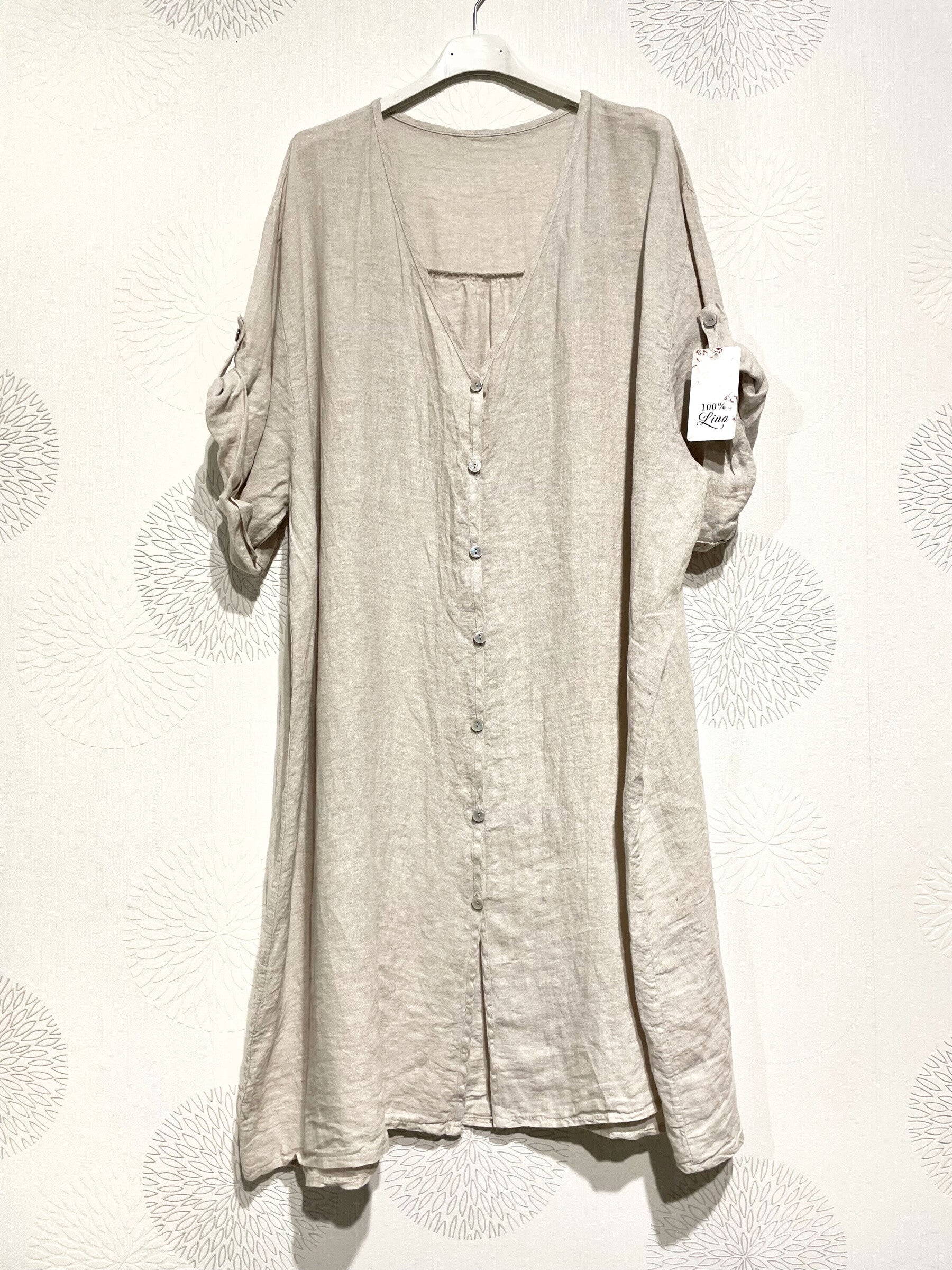Plus Size Long Shirt in V-Neck 100% Lin T40 till T54