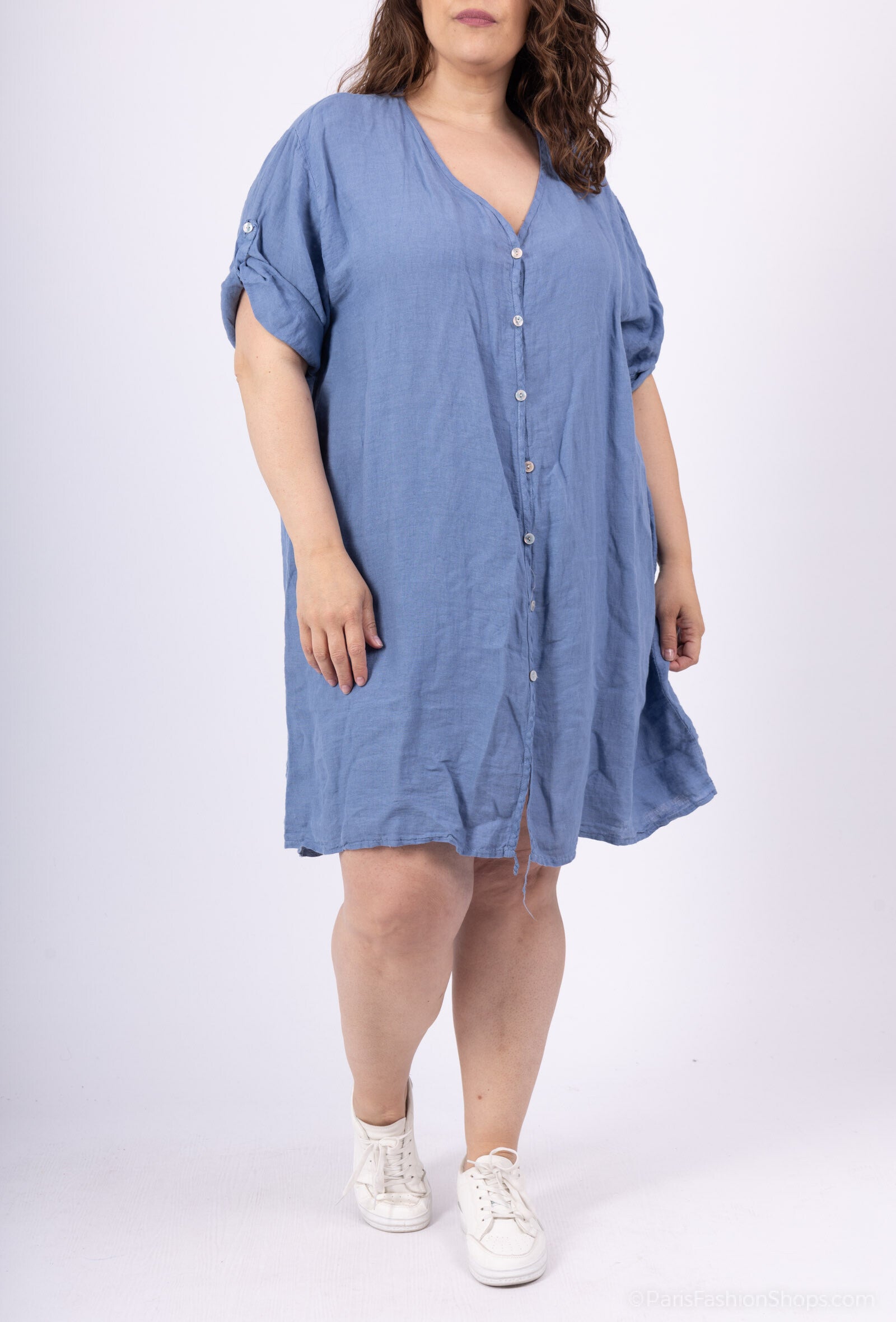 Plus Size Long Shirt in V-Neck 100% Lin T40 till T54