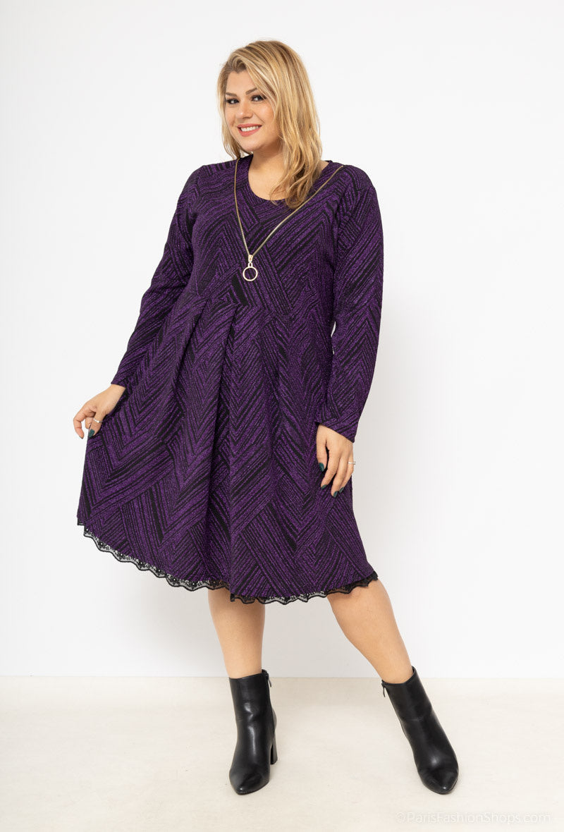 Plus Size Chic Rundhals Klänning med Paljetter och Dragkedja