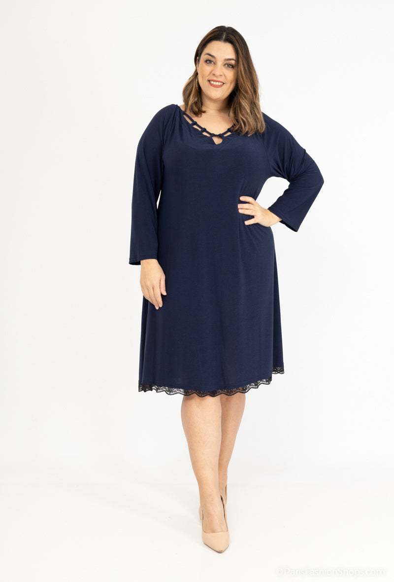 Plus Size Öppen Krage Klänning med Spets