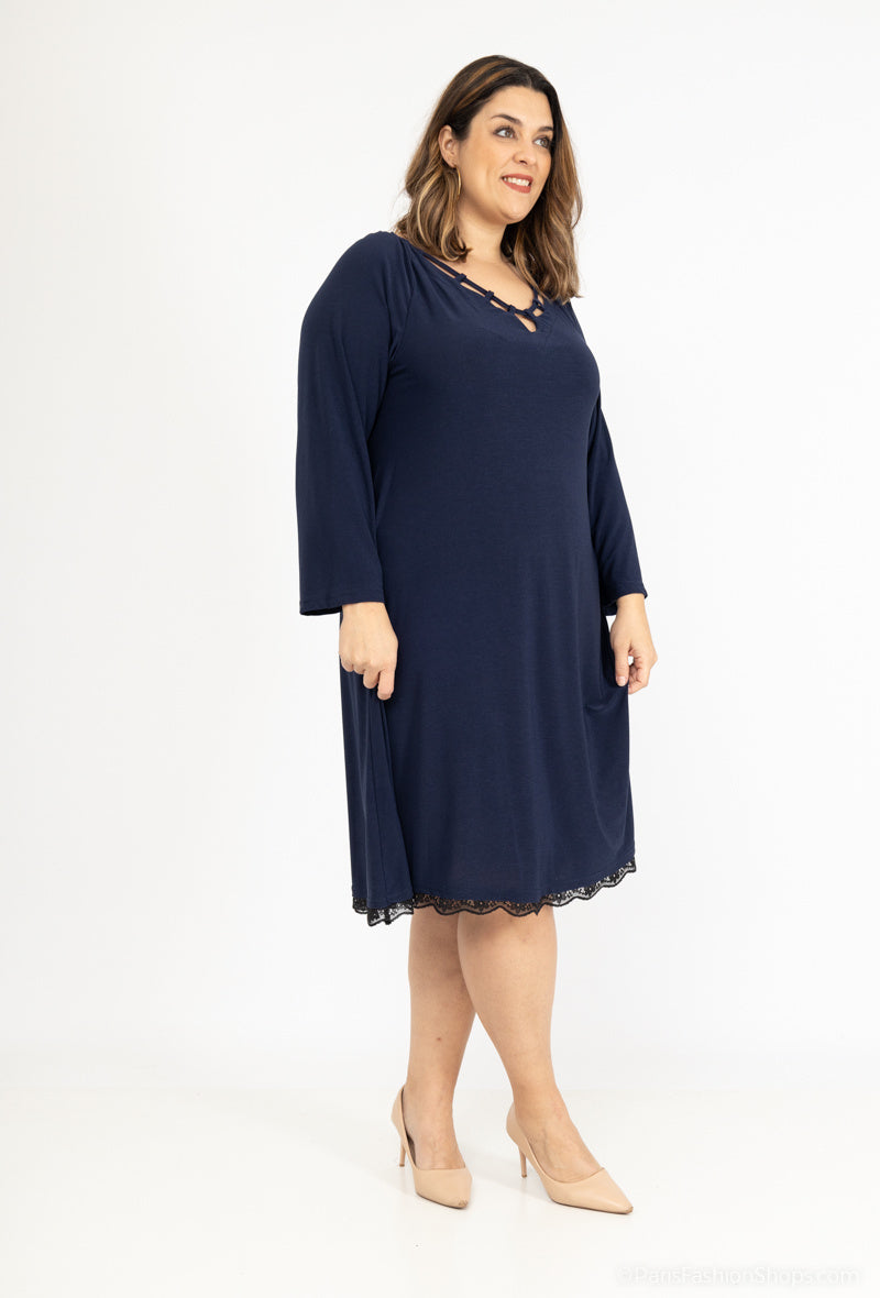 Plus Size Öppen Krage Klänning med Spets