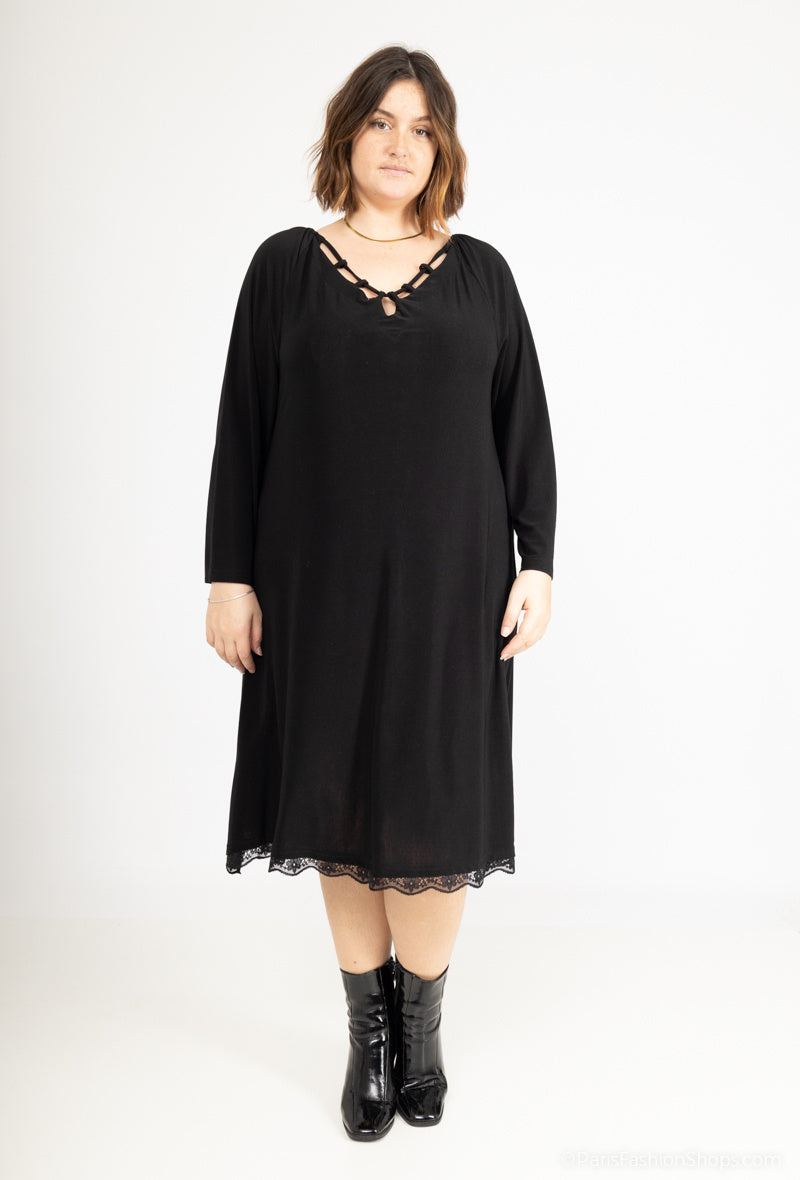 Plus Size Öppen Krage Klänning med Spets