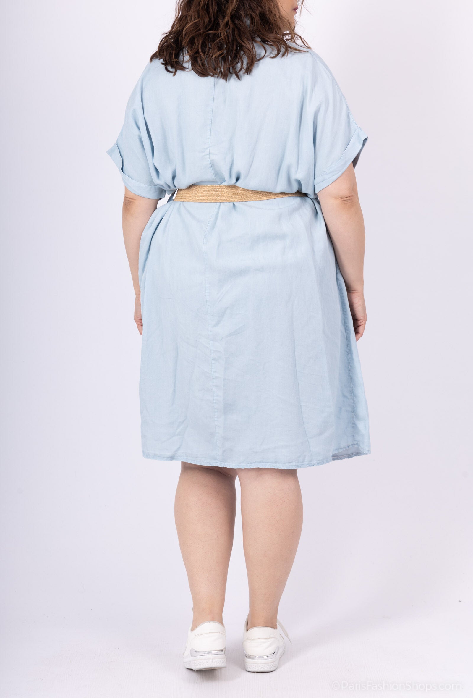 Plus Size Klänning Med Krage Mus Och Téncel Denim Bälte