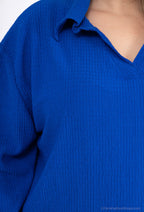Plus Size Långärmad Plisserad Blus-Klänning med Krage
