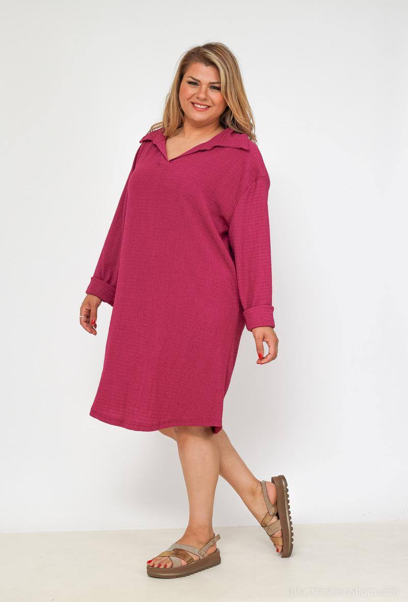 Plus Size Plisserad Blusklänning med Krage och Långa Ärmar