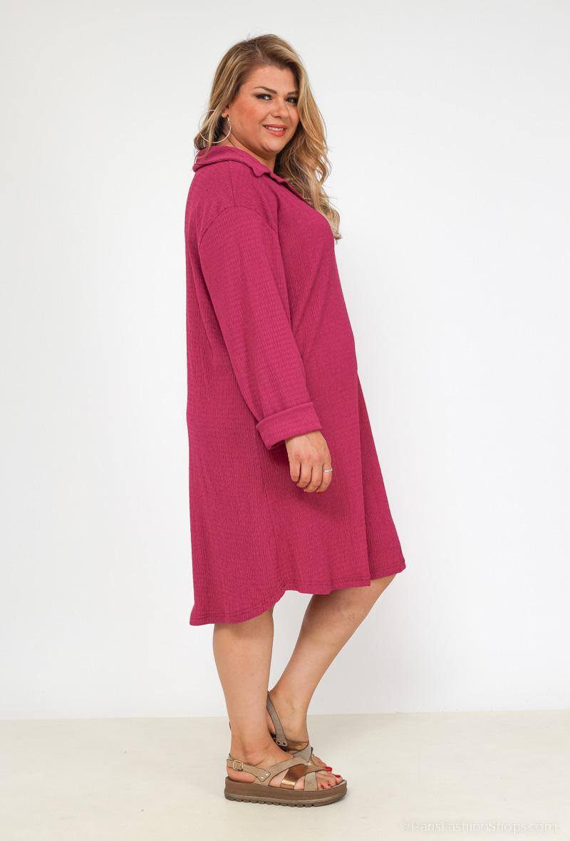 Plus Size Plisserad Blusklänning med Krage och Långa Ärmar