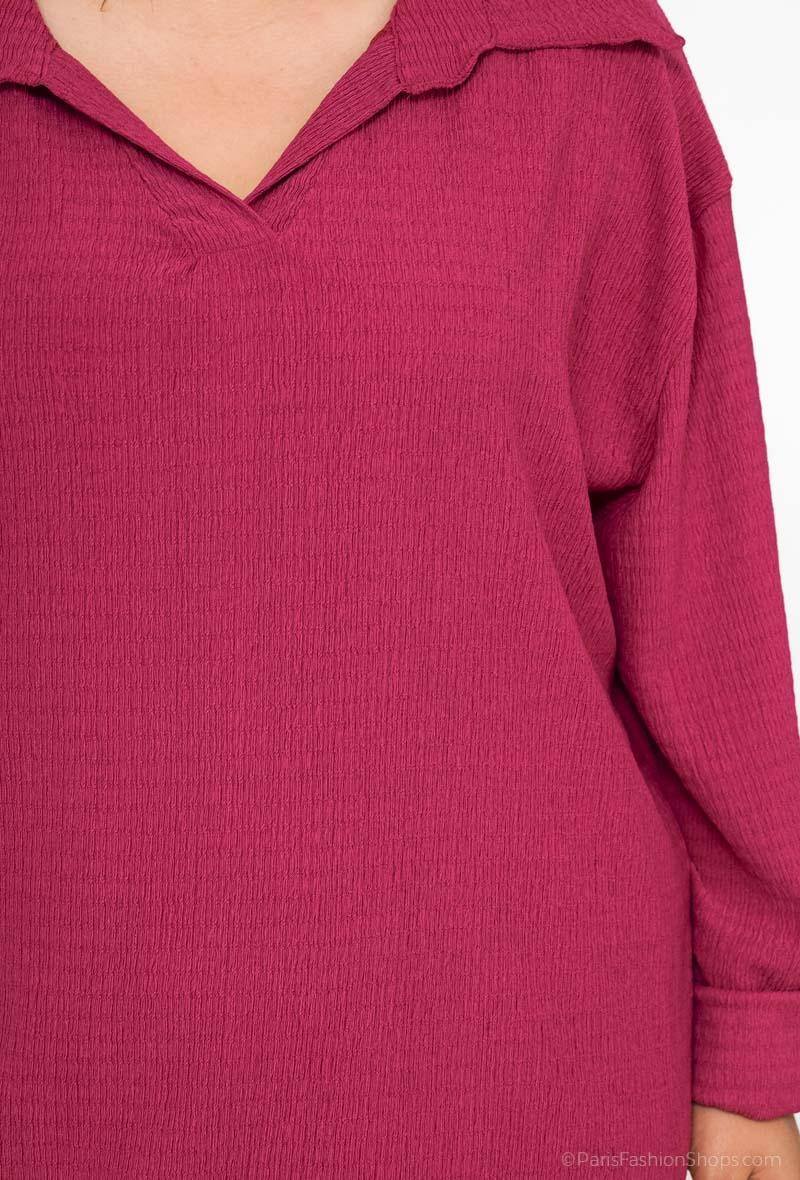 Plus Size Plisserad Blusklänning med Krage och Långa Ärmar
