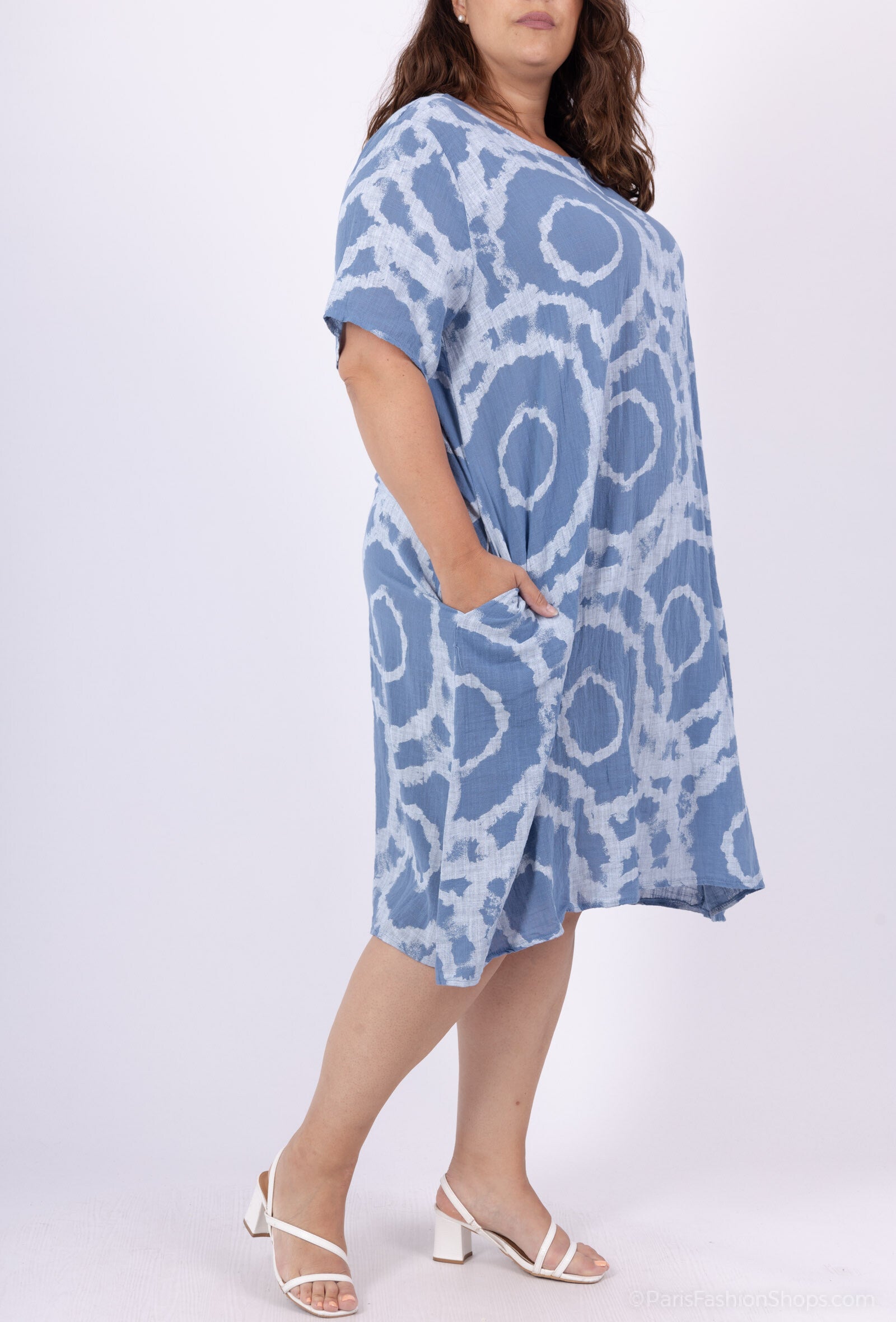 Plus Size Cotton Circles Dress - Färgglad Rundtryck T40 till T54