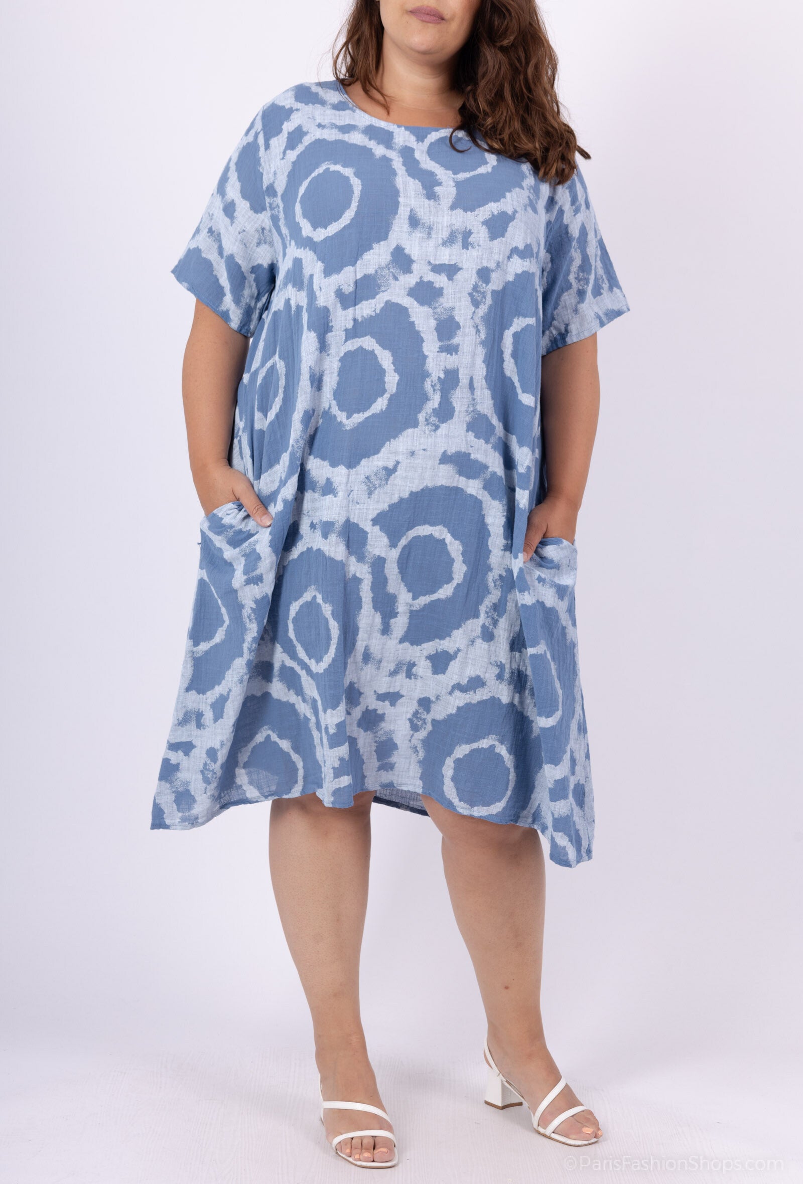 Plus Size Cotton Circles Dress - Färgglad Rundtryck T40 till T54