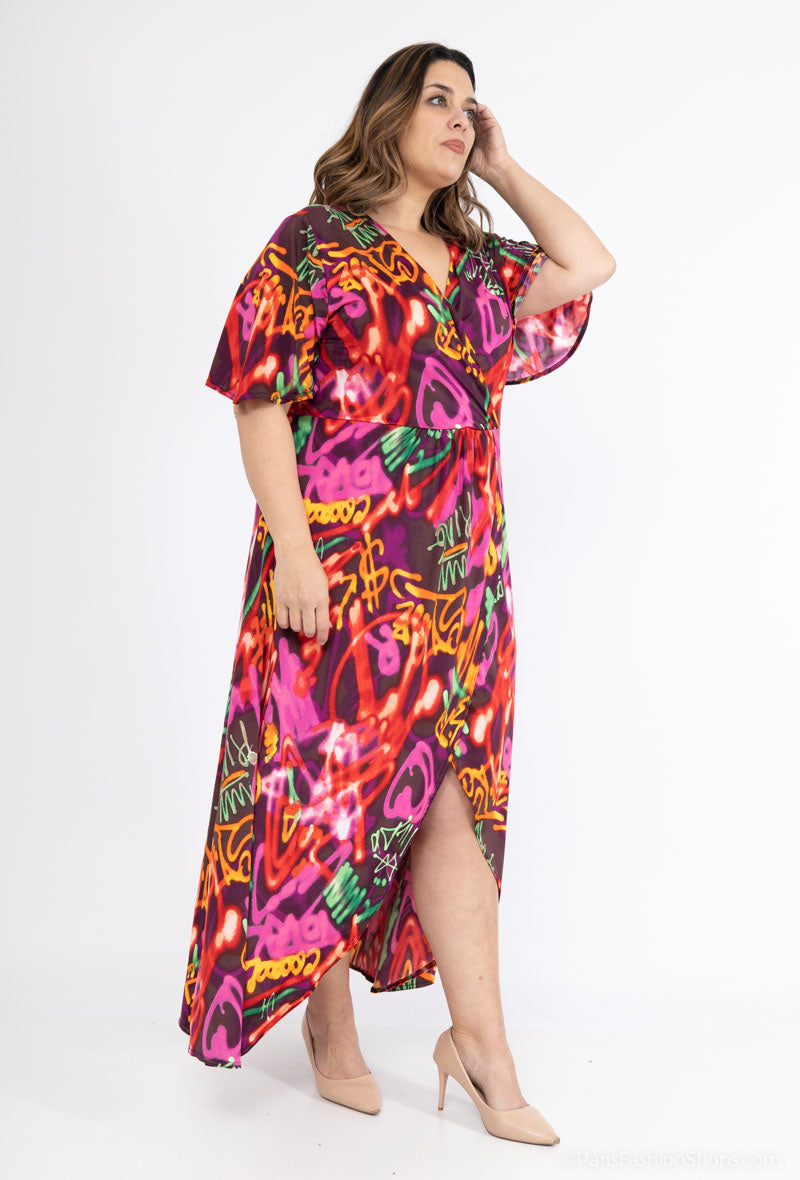 Plus Size Tryckt Klänning med Oregelbunden V-ringning