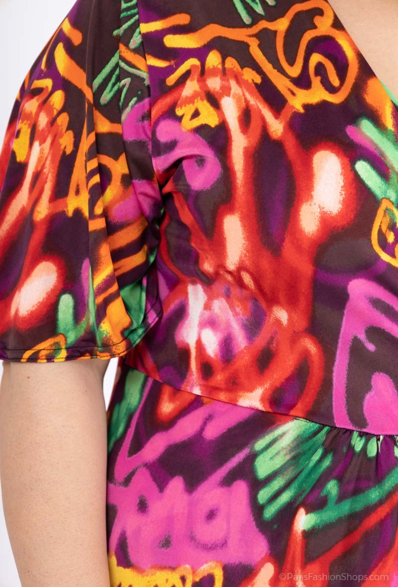 Plus Size Tryckt Klänning med Oregelbunden V-ringning