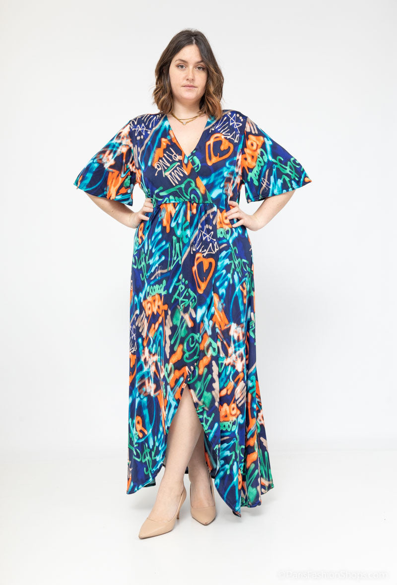 Plus Size Printed Dress with Irregular V-Neckline