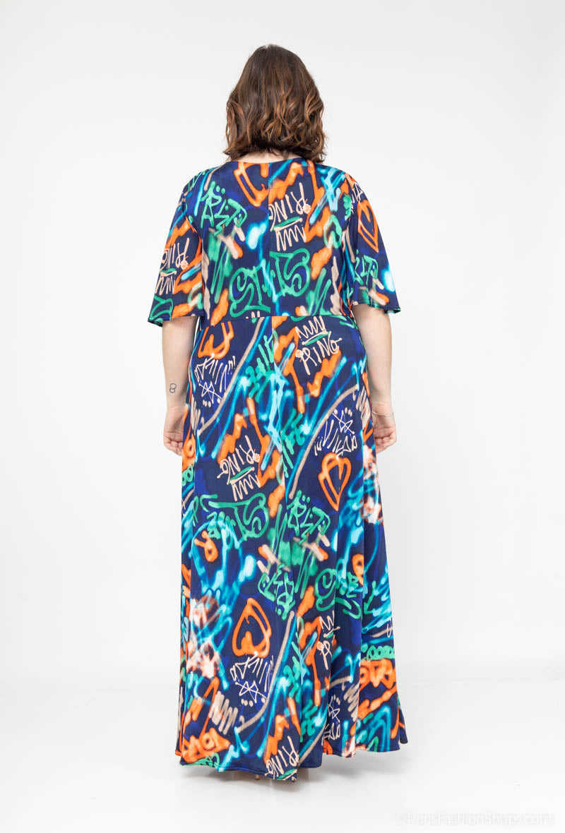 Plus Size Printed Dress with Irregular V-Neckline