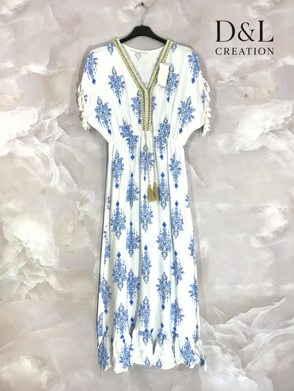 Plus Size Long printed bohemian dress with T36 to T46 pompoms