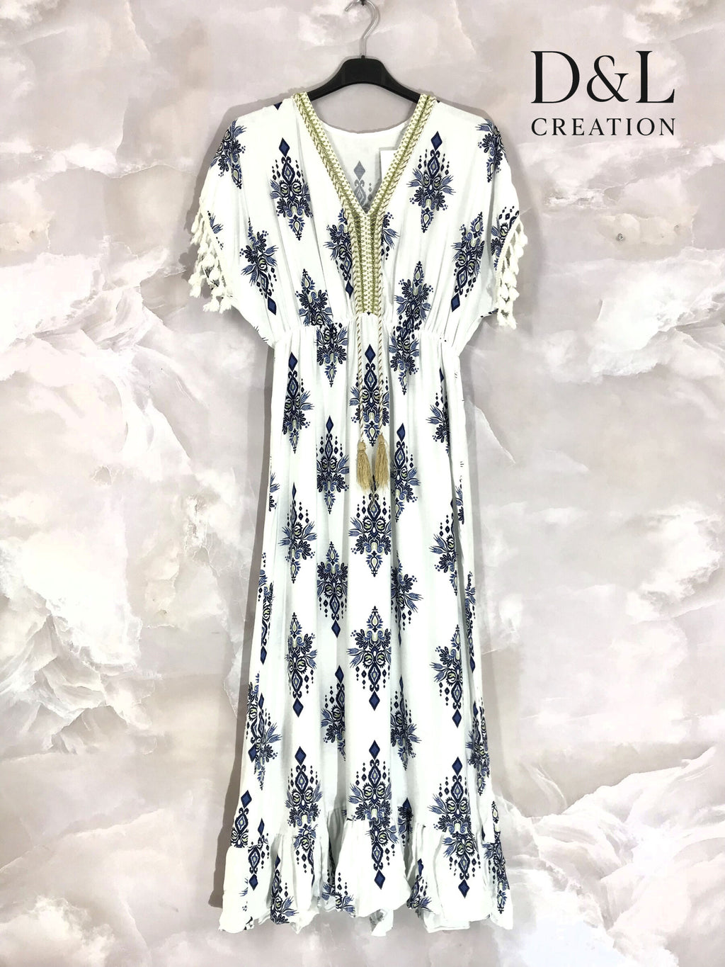Plus Size Long printed bohemian dress with T36 to T46 pompoms