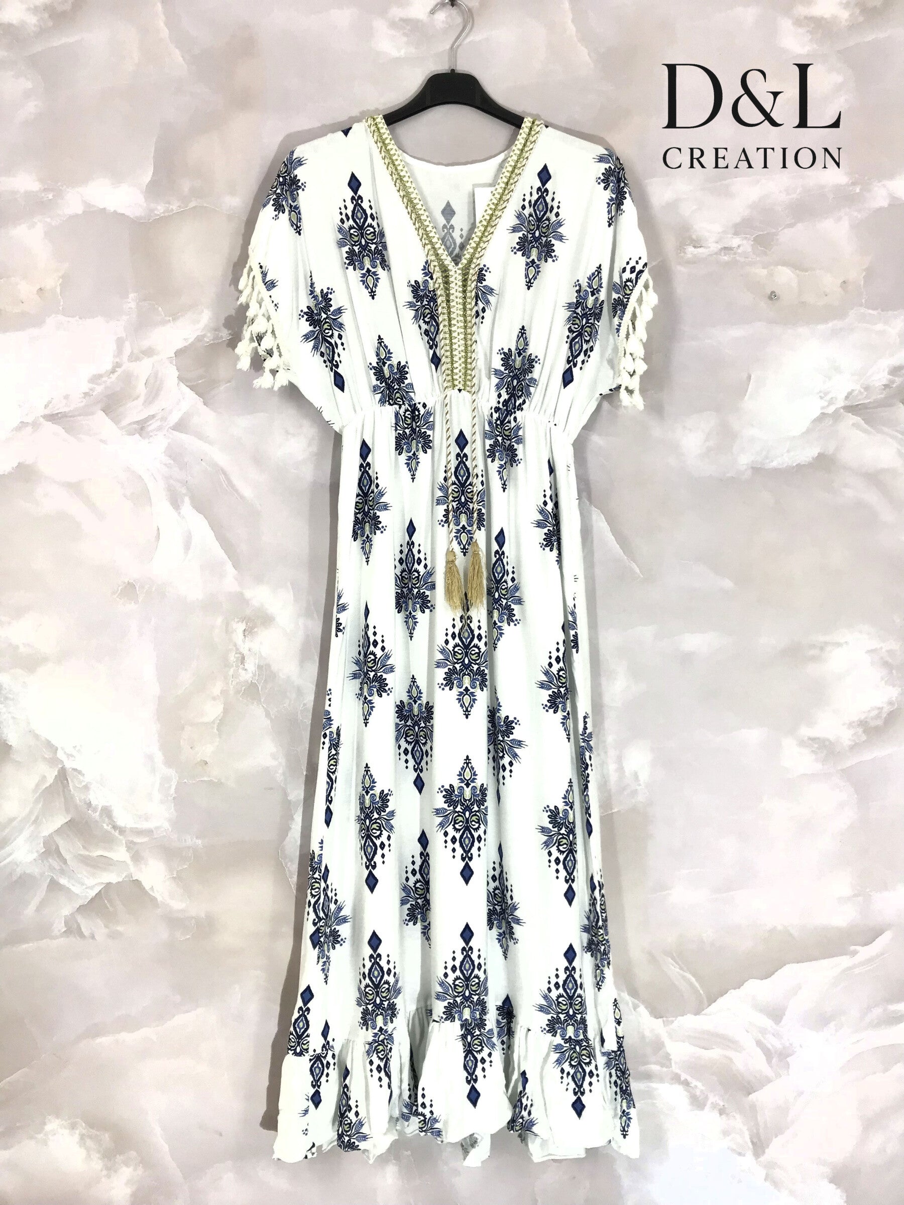 Plus Size Long printed bohemian dress with T36 to T46 pompoms
