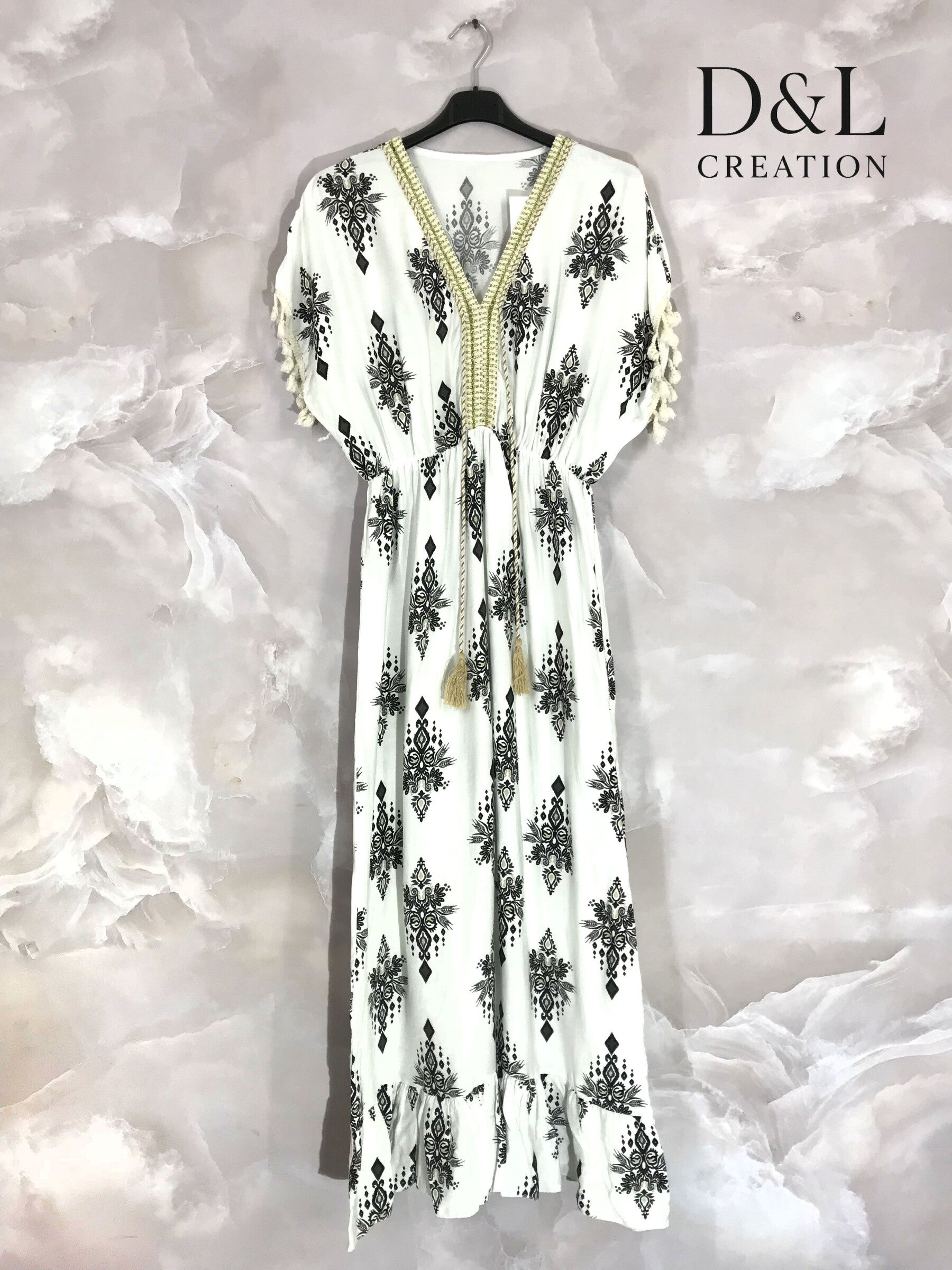 Plus Size Long printed bohemian dress with T36 to T46 pompoms
