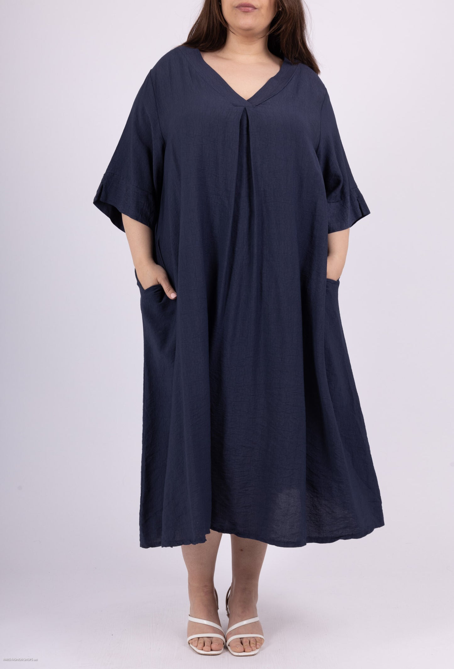 Plus Size Long V-neck trapeze dress with 2 pockets