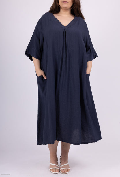 Plus Size Long V-neck trapeze dress with 2 pockets