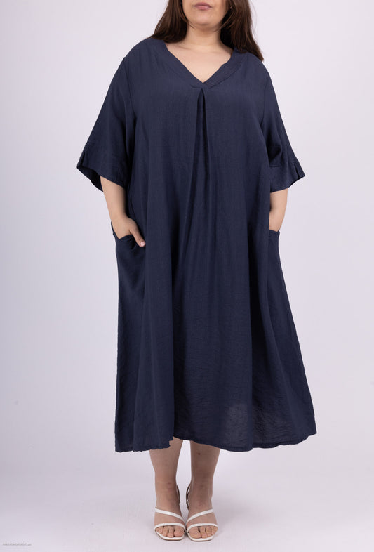 Plus Size Lång V-ringad Trapeze Klänning med 2 Fickor