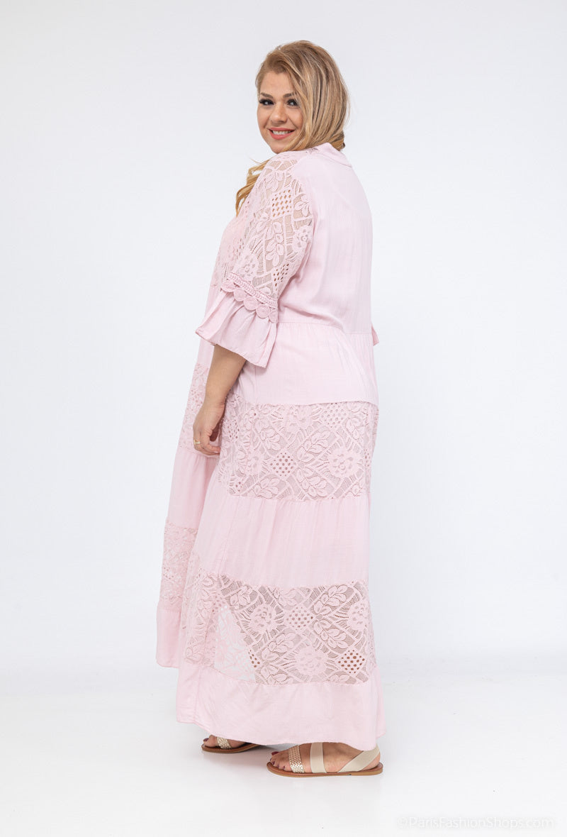 Plus Size Lång Spetsklänning med Överlagringseffekt