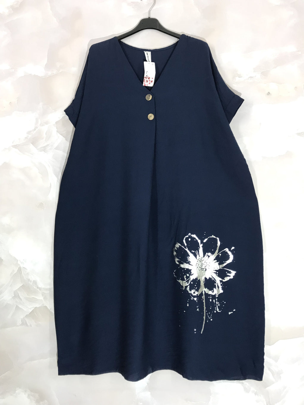 Plus Size Långklänning med Korta Ärmar och Silverblomma