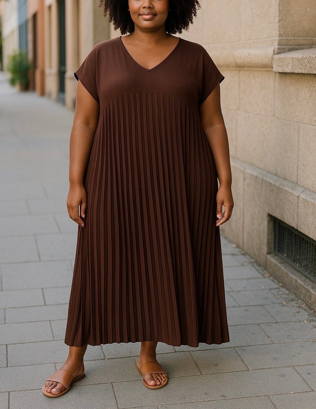 Plus Size Pleated long dress in viscose crepe