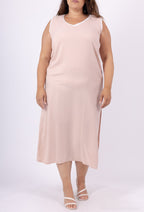 Plus Size Long sleeveless dress V -neck 70% Lin T38 at T52+