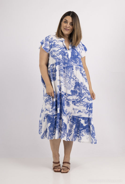 Plus Size Fluid Midi printed dress in Jouy-print style