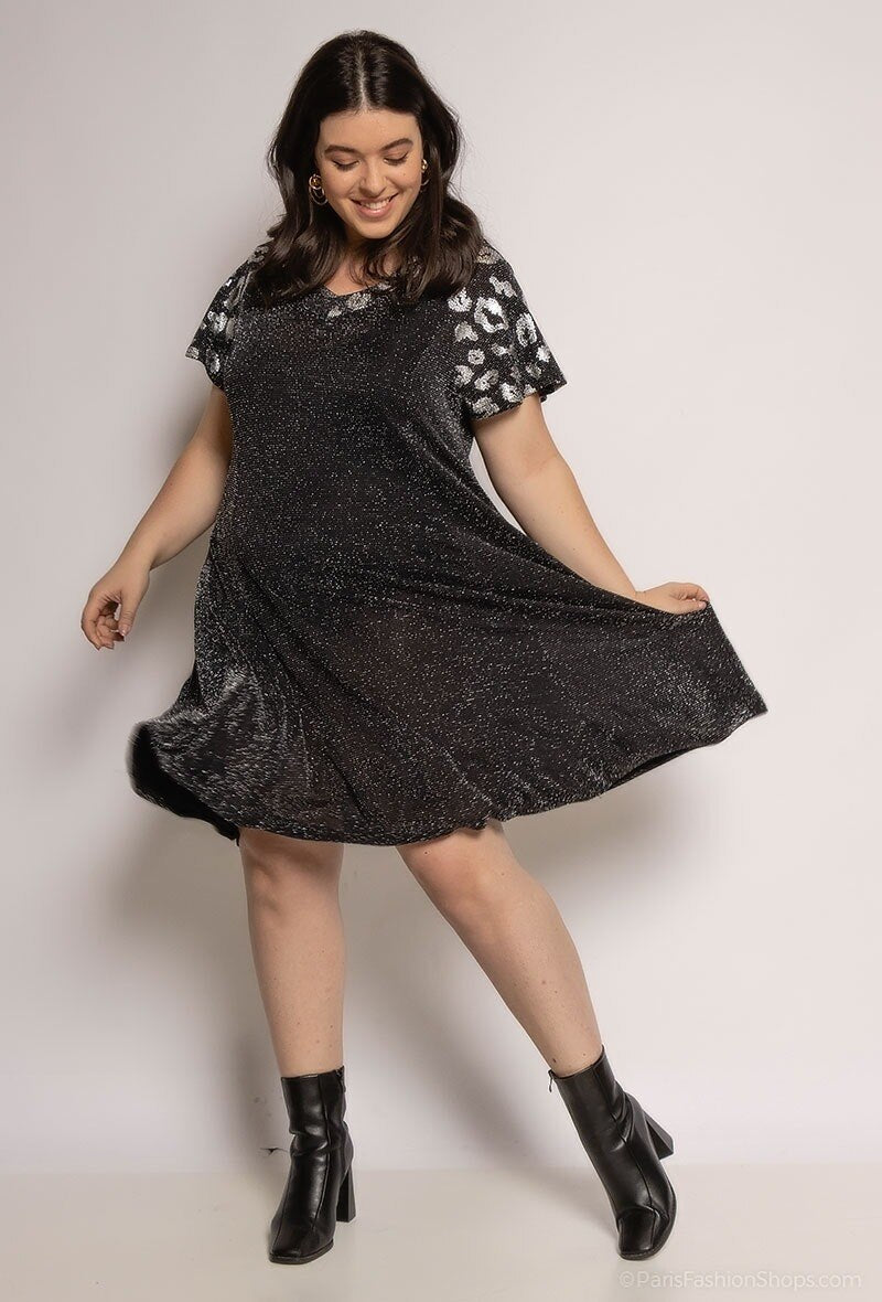 Plus Size Glittrande Klänning med Leopardtryck
