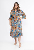 Plus Size Flared sleeve print trapeze dress with ruffles