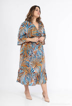 Plus Size Flared Sleeve Print Trapeze Dress with Ruffles
