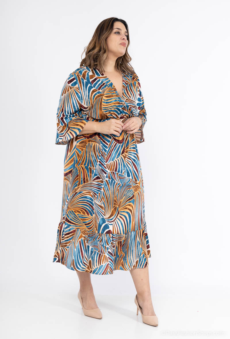 Plus Size Flared Sleeve Print Trapeze Dress with Ruffles