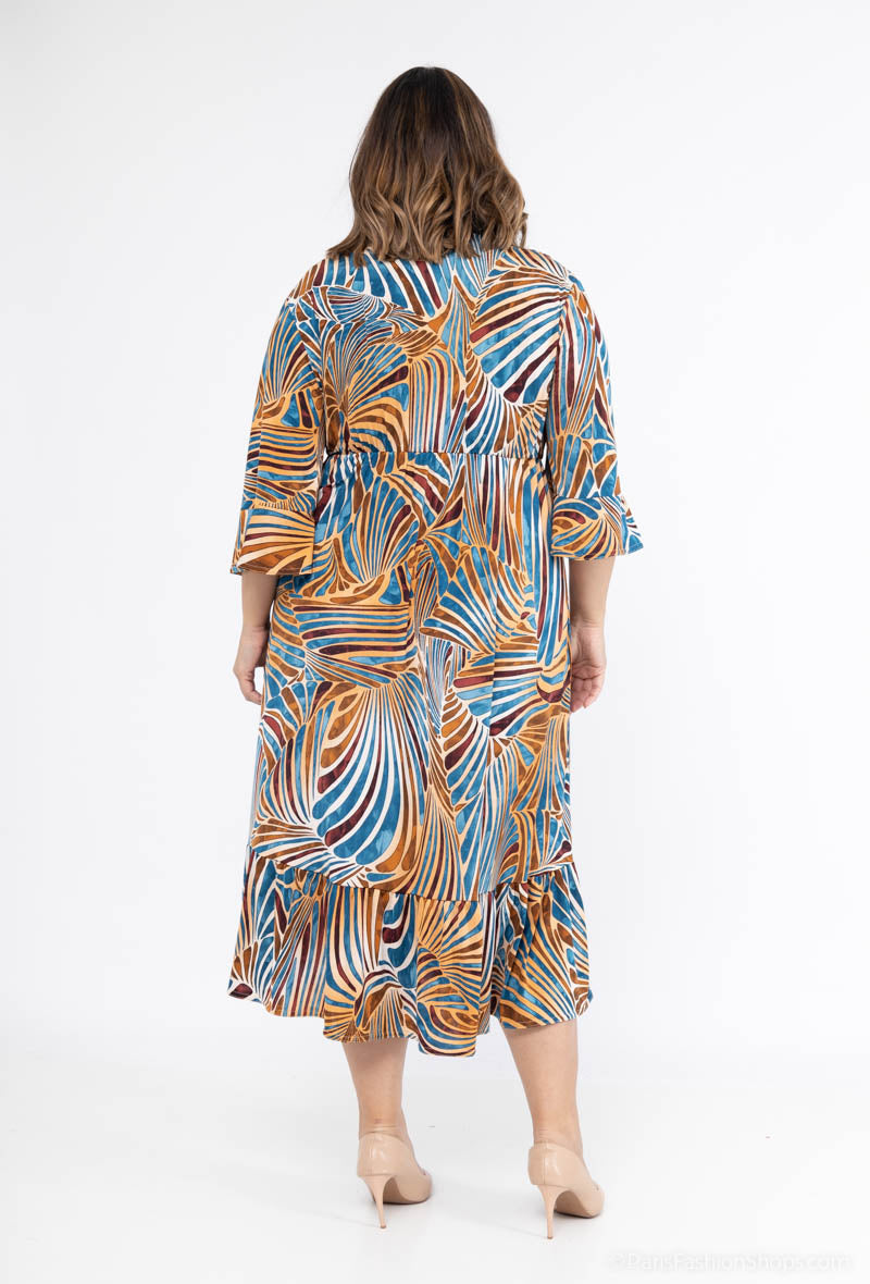 Plus Size Flared Sleeve Print Trapeze Dress with Ruffles