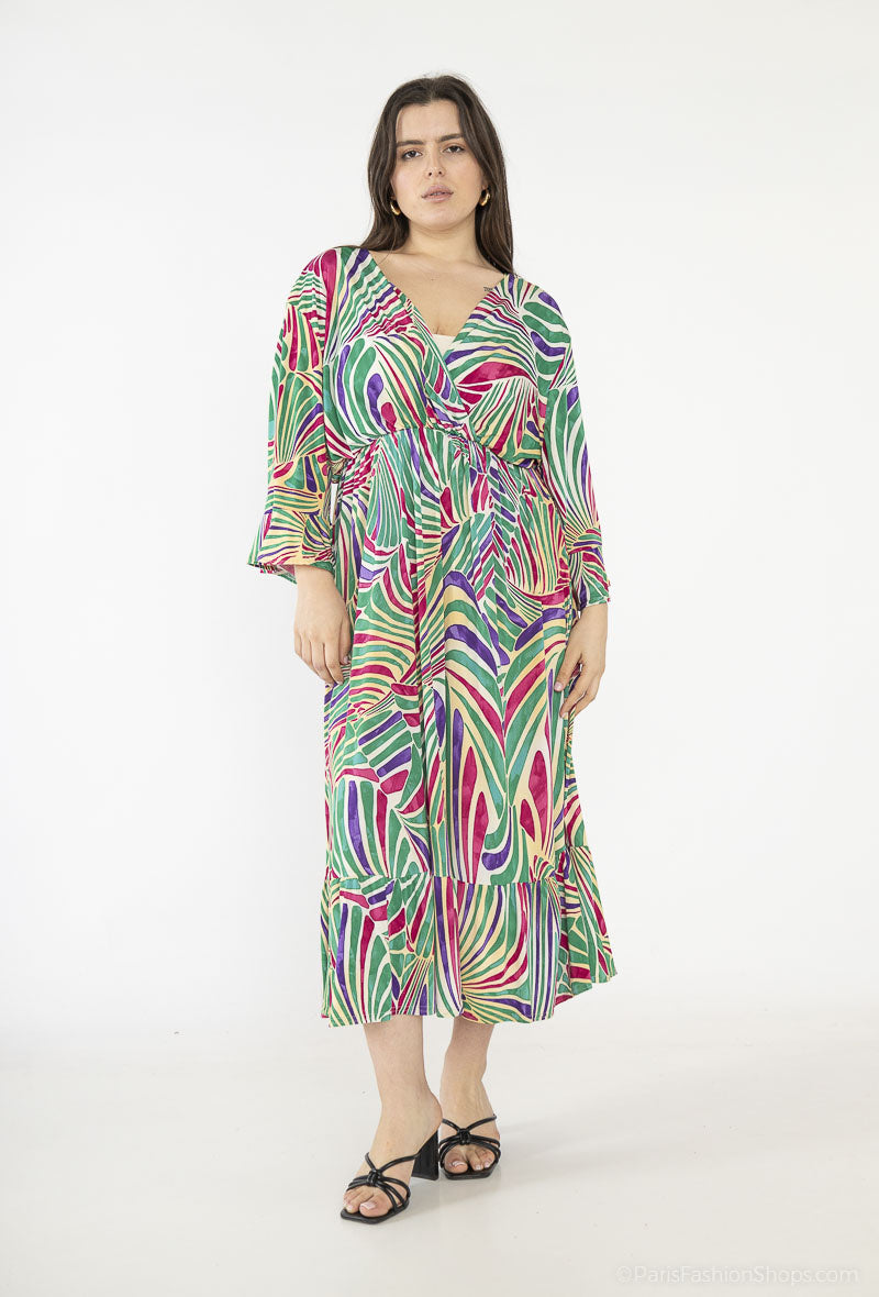Plus Size Flared sleeve print trapeze dress with ruffles