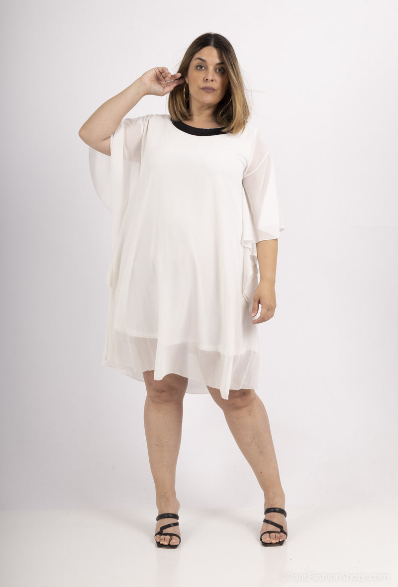 Plus Size Batwing Sleeve Sequin Collar Tunic Dress