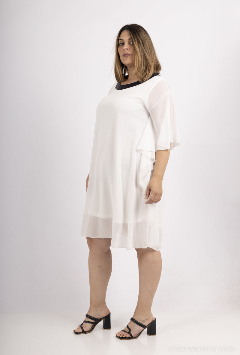 Plus Size Batwing Sleeve Sequin Collar Tunic Dress
