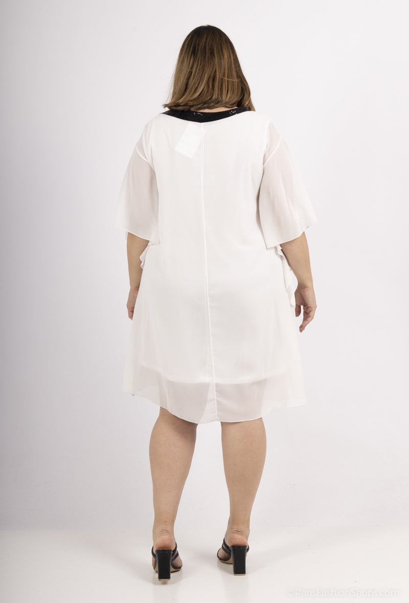 Plus Size Batwing Sleeve Sequin Collar Tunic Dress