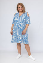 Plus Size Printed tunic dress with off-the-shoulder sleeves and zip collar