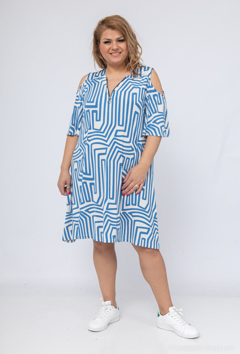 Plus Size Printed tunic dress with off-the-shoulder sleeves and zip collar