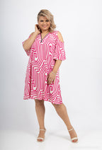 Plus Size Printed tunic dress with off-the-shoulder sleeves and zip collar